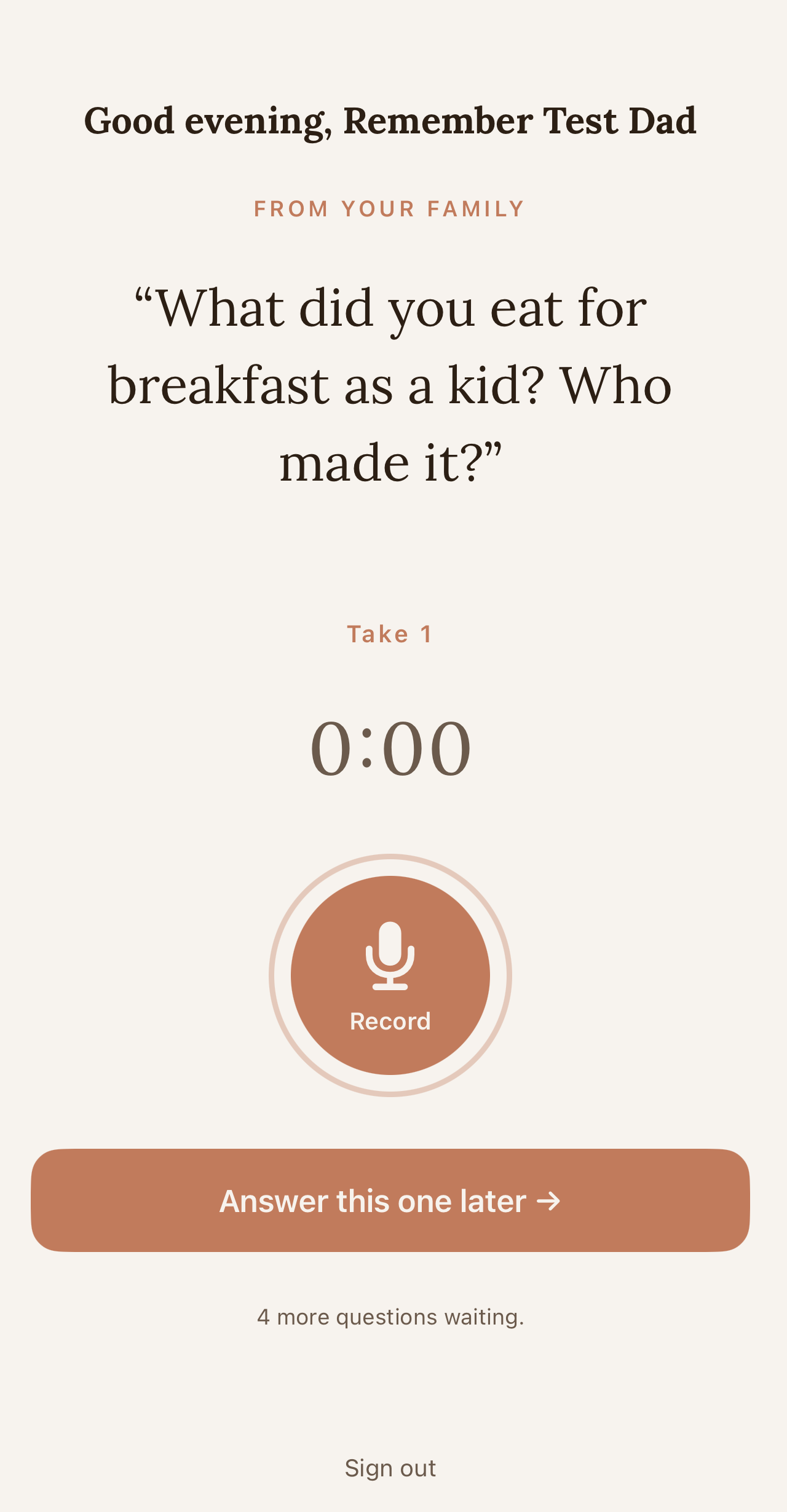 SubjectHomeView — one question, one record button